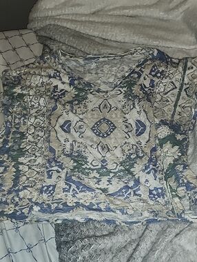 Lucky Brand Blue, Green and Cream Printed V-Neck Tunic